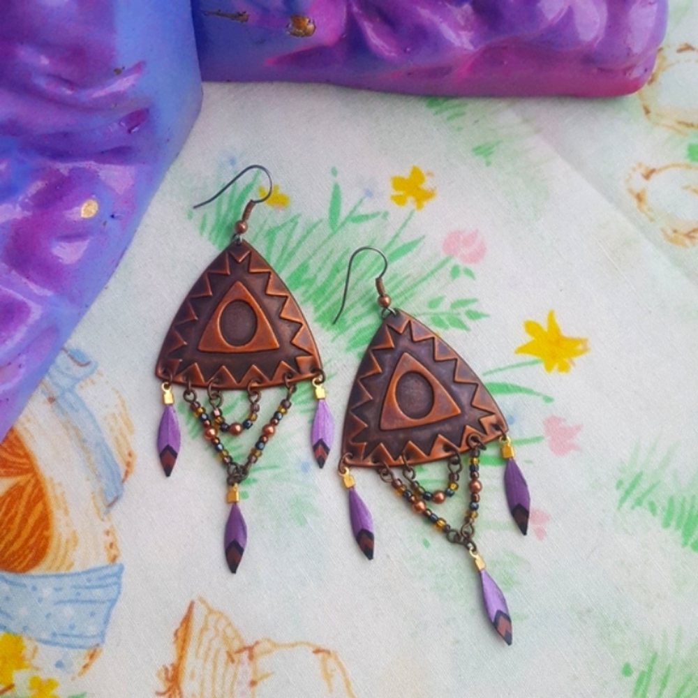 Artisan Copper Triangle Feather Beaded Drop Earring